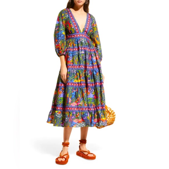FARM Rio Dresses & Skirts - Farm Río Animal Utopía V Neck Puffy Sleeves Midi Dress Multi Color Size M